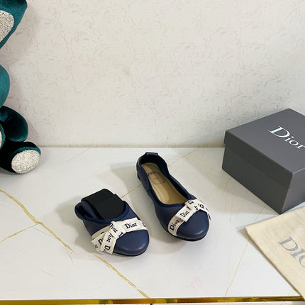 DIOR 26S BOW BALLET FLATS IN NAVY BLUE CALFSKIN