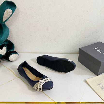 DIOR 26S BOW BALLET FLATS IN NAVY BLUE CALFSKIN