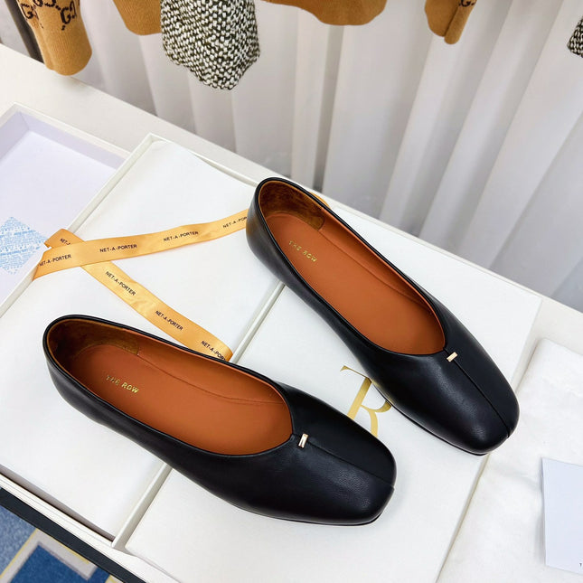 THE ROW 26S SQUARE TOE BALLET FLATS IN BLACK CALFSKIN