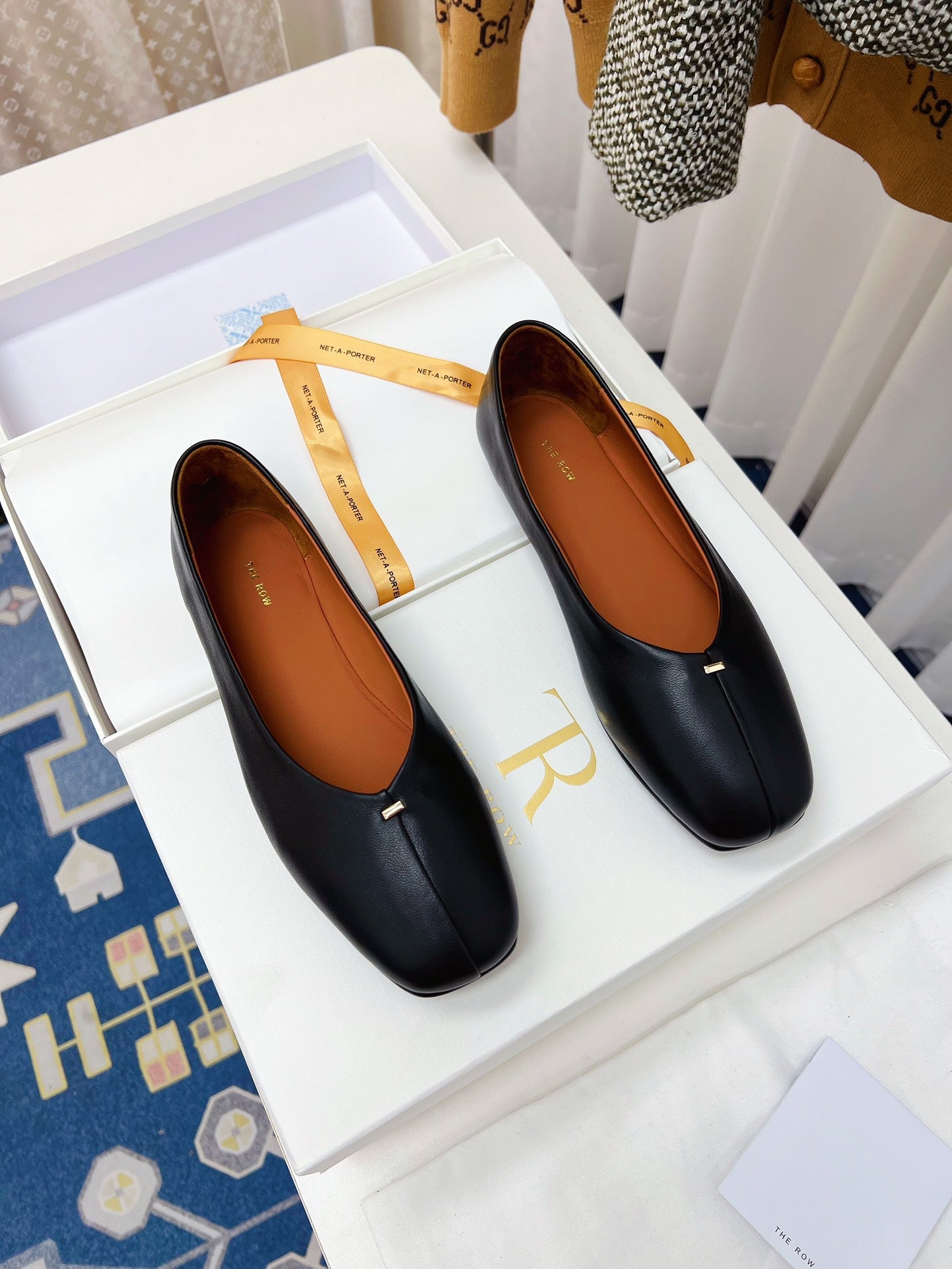 THE ROW 26S SQUARE TOE BALLET FLATS IN BLACK CALFSKIN