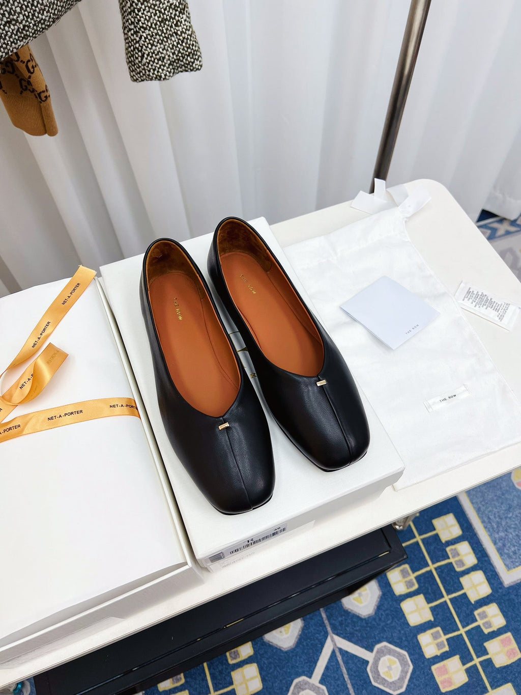 THE ROW 26S SQUARE TOE BALLET FLATS IN BLACK CALFSKIN
