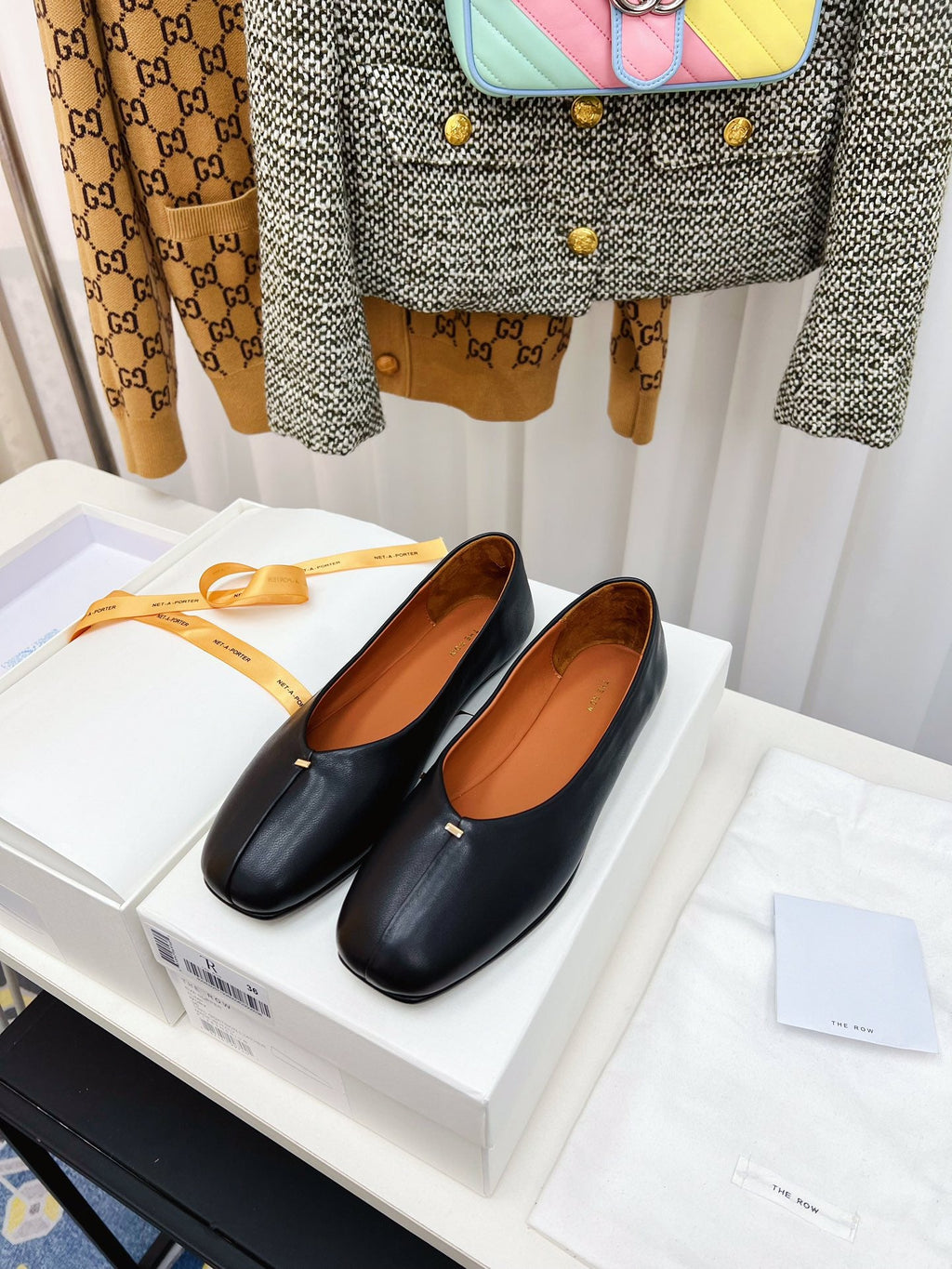 THE ROW 26S SQUARE TOE BALLET FLATS IN BLACK CALFSKIN