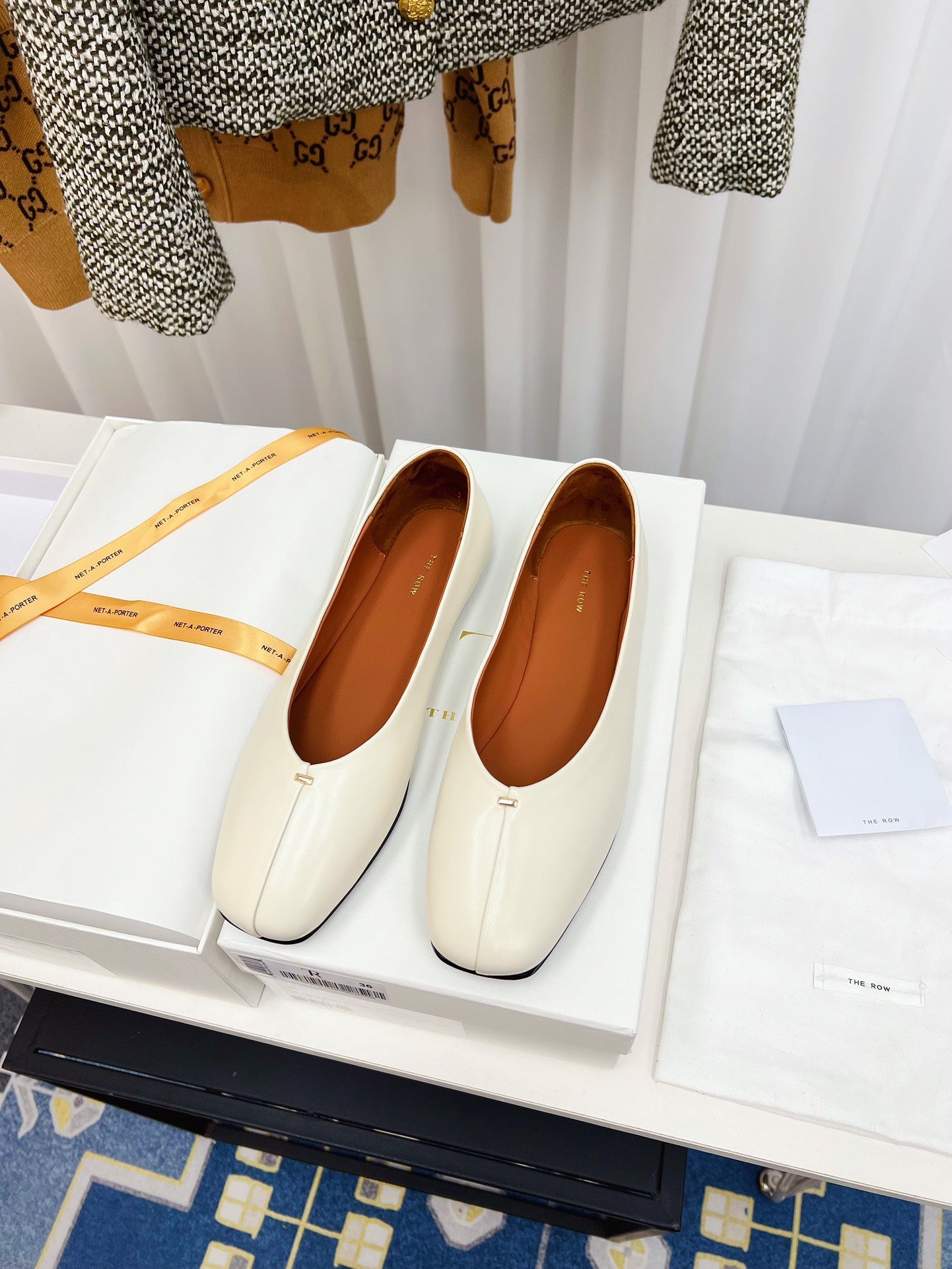 THE ROW 26S SQUARE TOE BALLET FLATS IN IVORY WHITE CALFSKIN