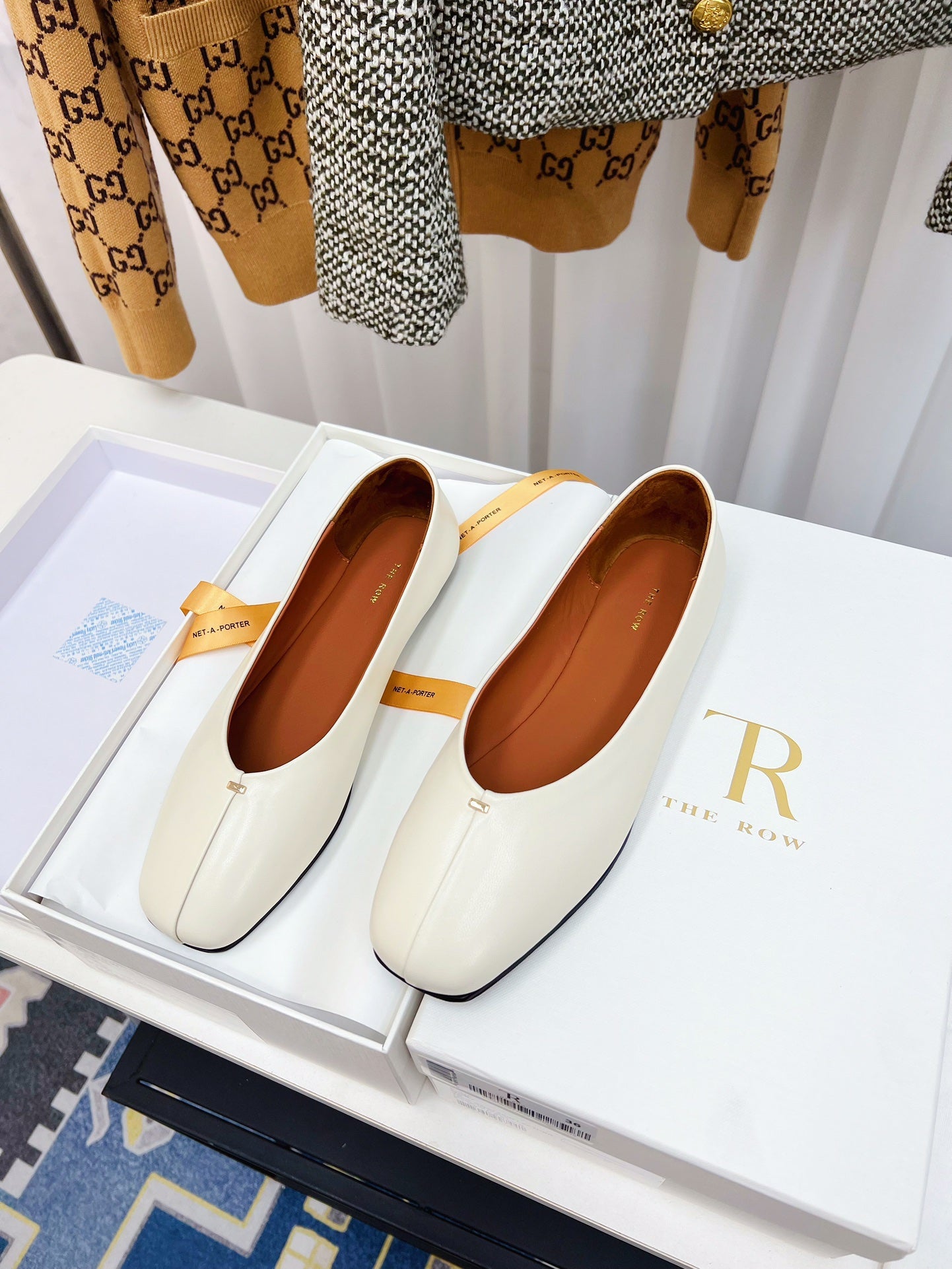THE ROW 26S SQUARE TOE BALLET FLATS IN IVORY WHITE CALFSKIN