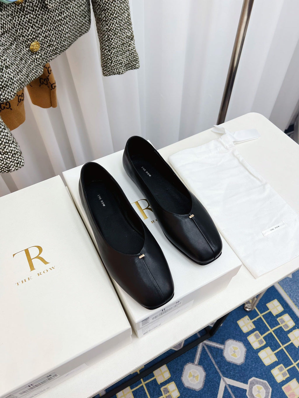 THE ROW 26S SQUARE TOE BALLET FLATS IN FULL BLACK CALFSKIN