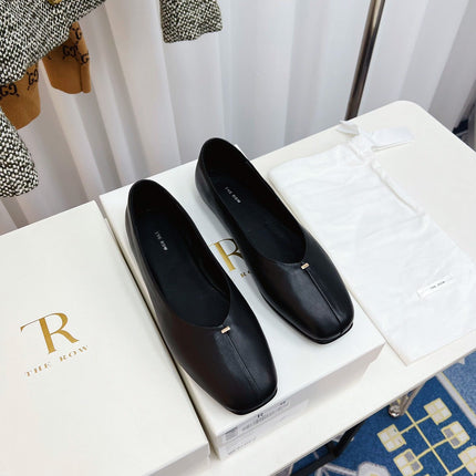 THE ROW 26S SQUARE TOE BALLET FLATS IN FULL BLACK CALFSKIN