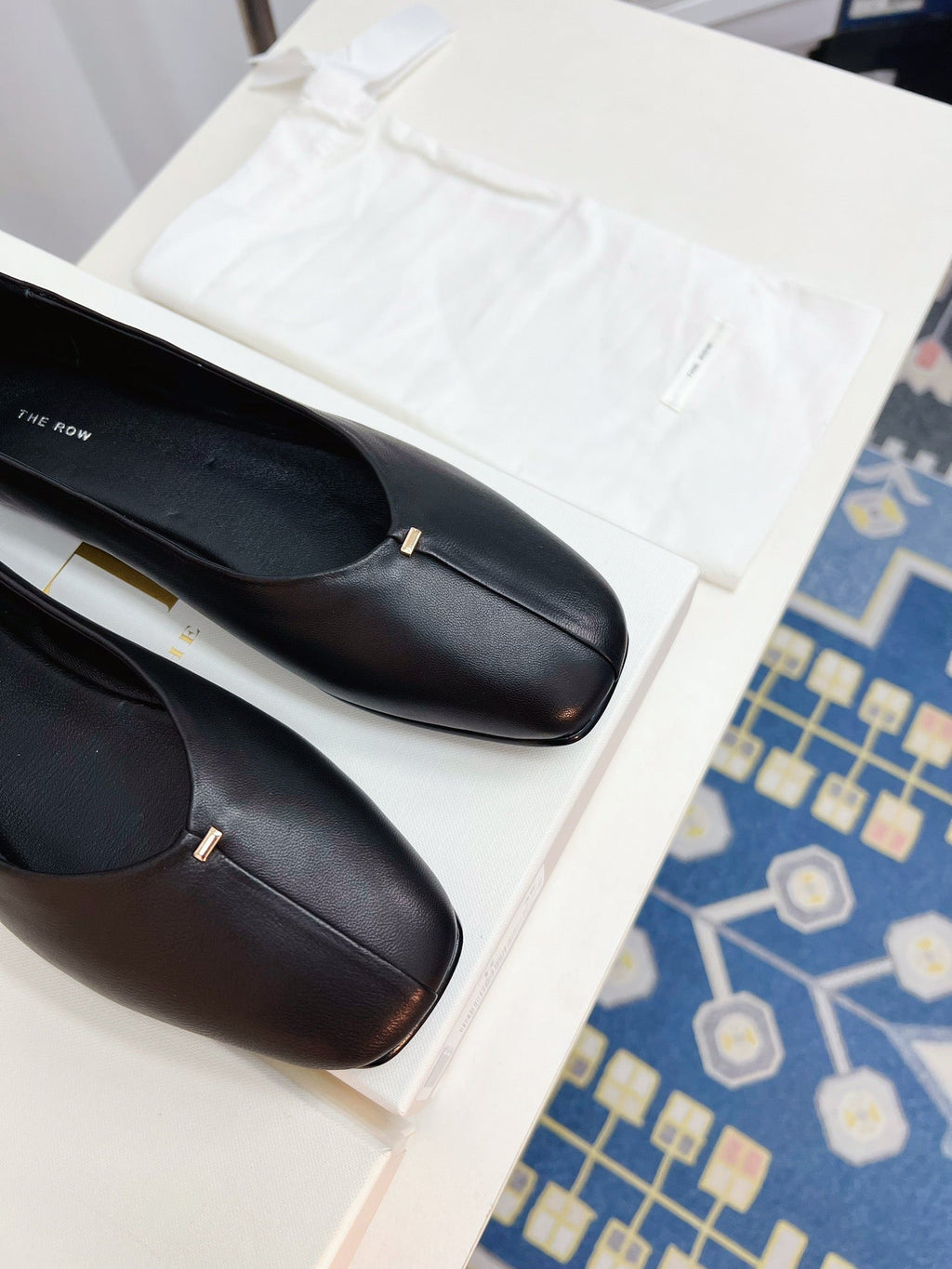 THE ROW 26S SQUARE TOE BALLET FLATS IN FULL BLACK CALFSKIN