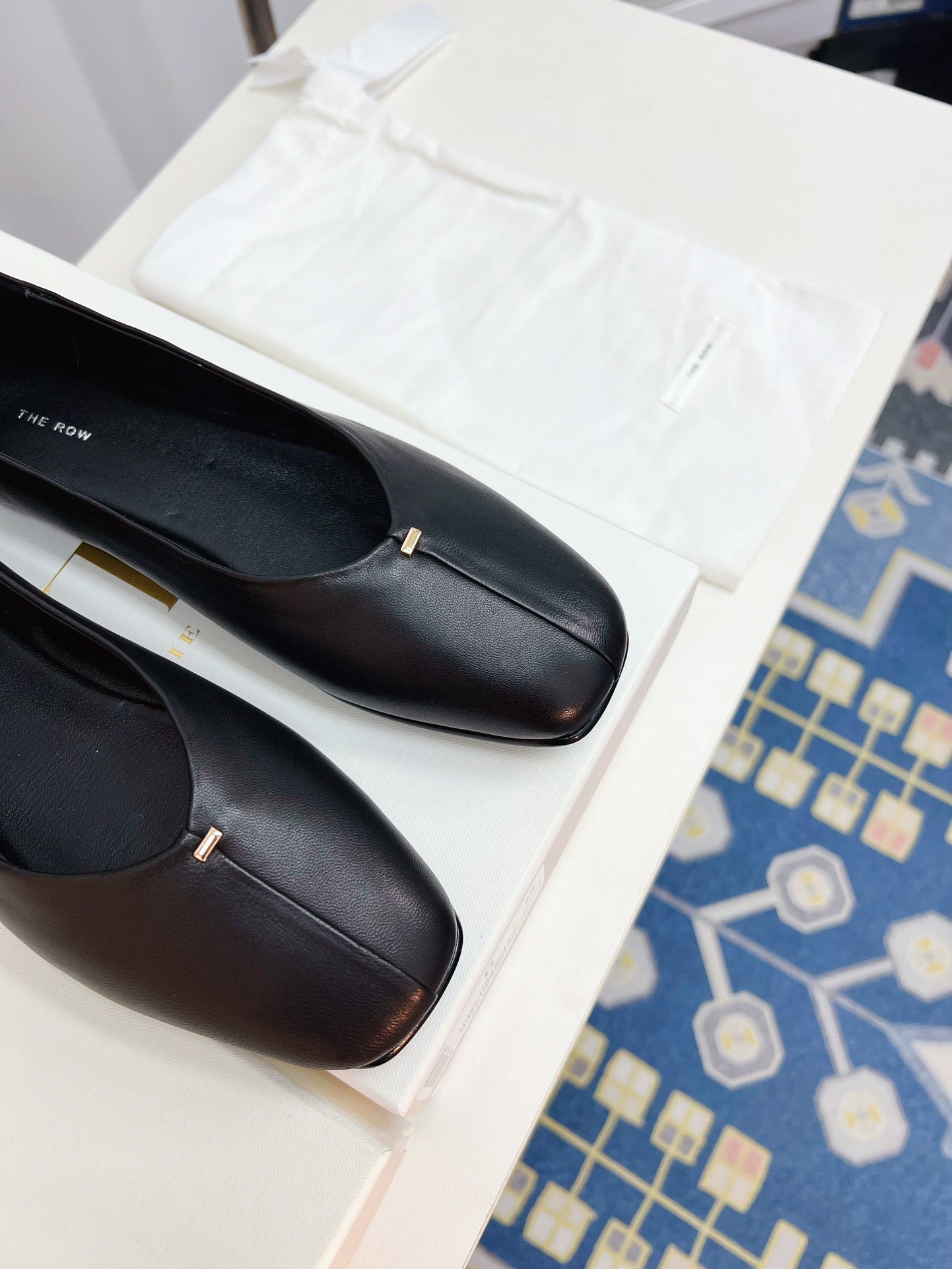 THE ROW 26S SQUARE TOE BALLET FLATS IN FULL BLACK CALFSKIN