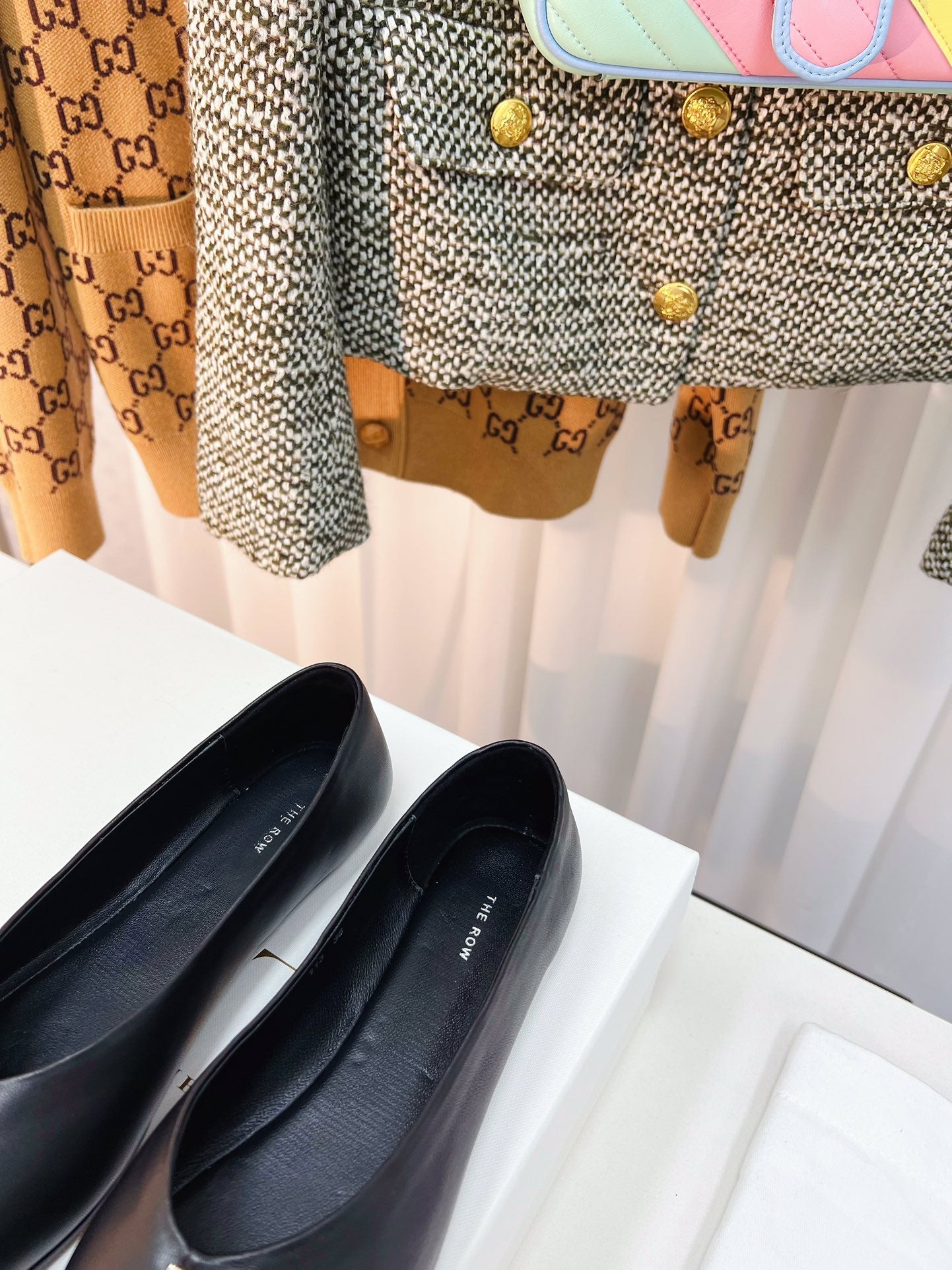 THE ROW 26S SQUARE TOE BALLET FLATS IN FULL BLACK CALFSKIN