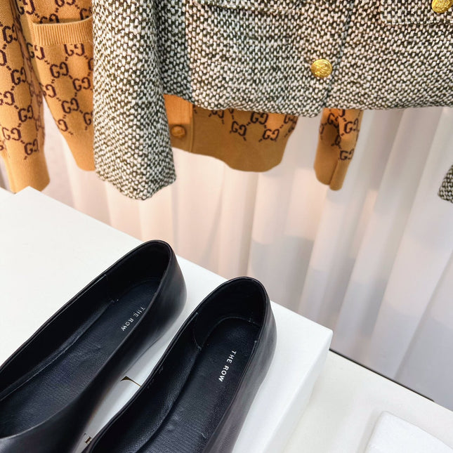 THE ROW 26S SQUARE TOE BALLET FLATS IN FULL BLACK CALFSKIN