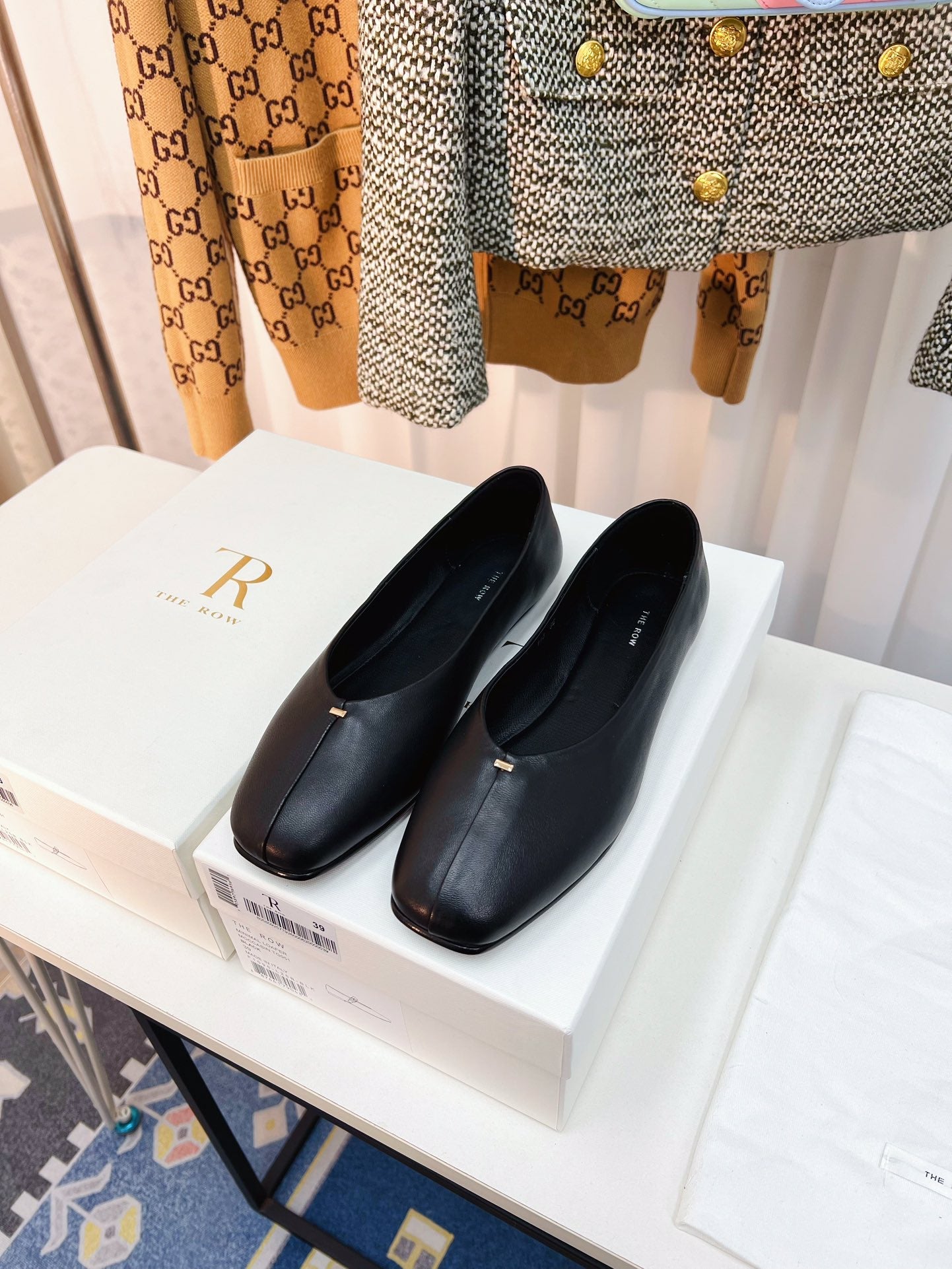 THE ROW 26S SQUARE TOE BALLET FLATS IN FULL BLACK CALFSKIN