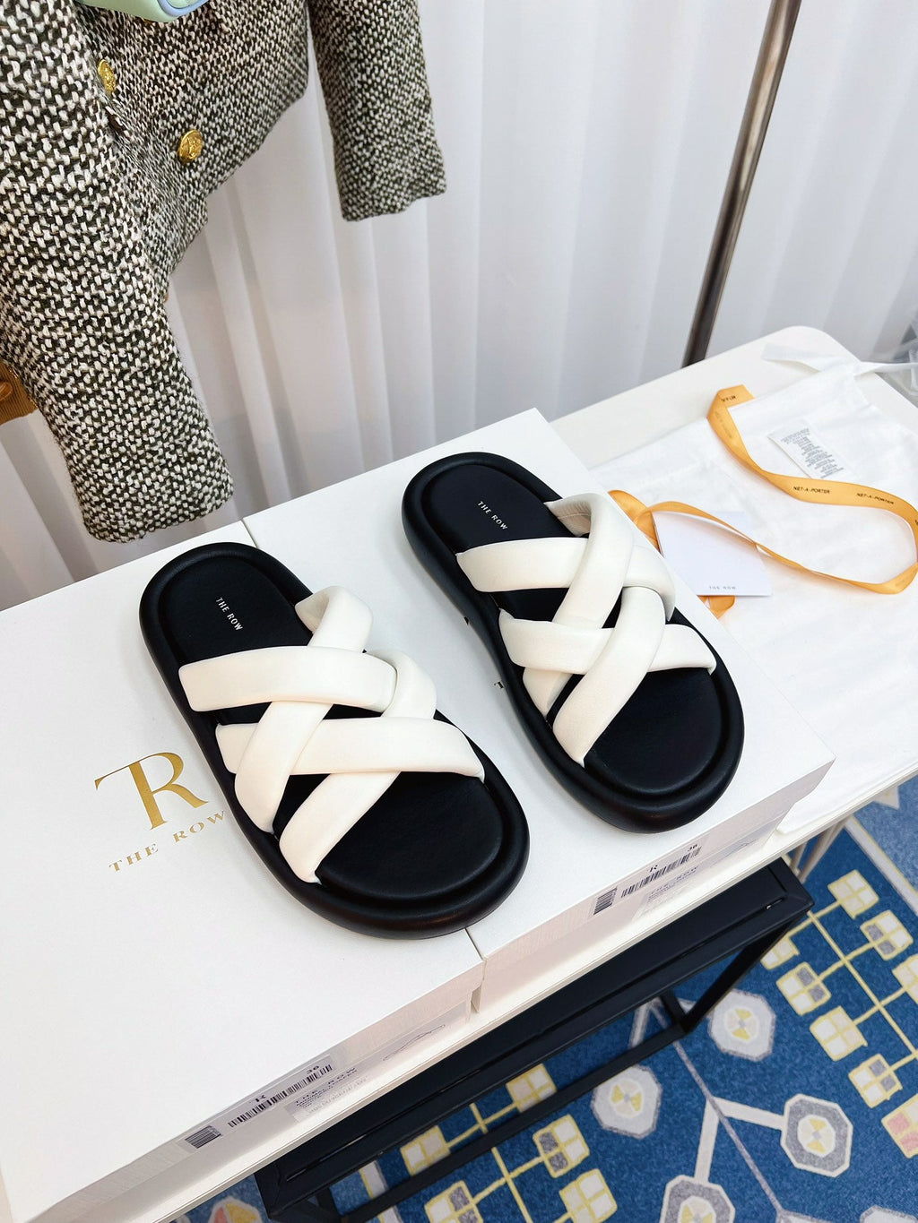 THE ROW 26S CROSSED PADDED SLIDES IN WHITE CALFSKIN