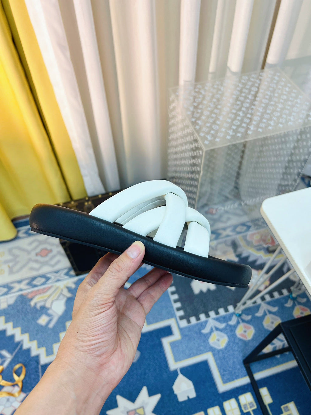 THE ROW 26S CROSSED PADDED SLIDES IN WHITE CALFSKIN
