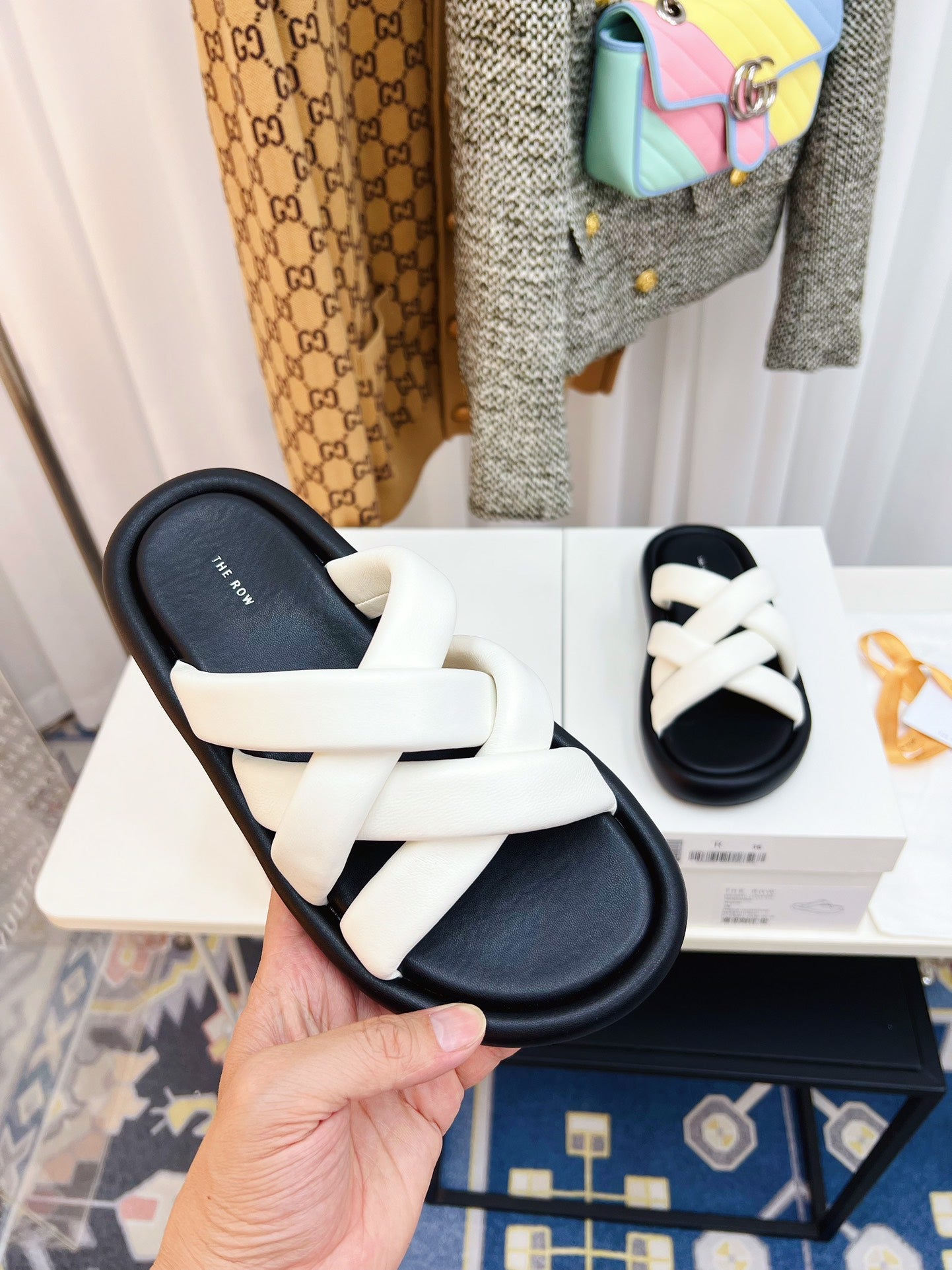 THE ROW 26S CROSSED PADDED SLIDES IN WHITE CALFSKIN