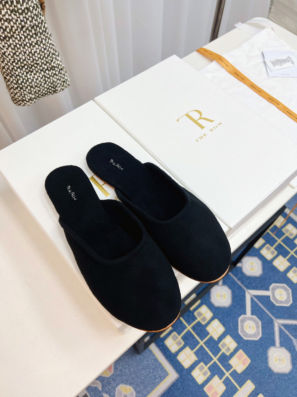 THE ROW 26S ROUND TOE MULES IN NAVY BLUE SUEDE