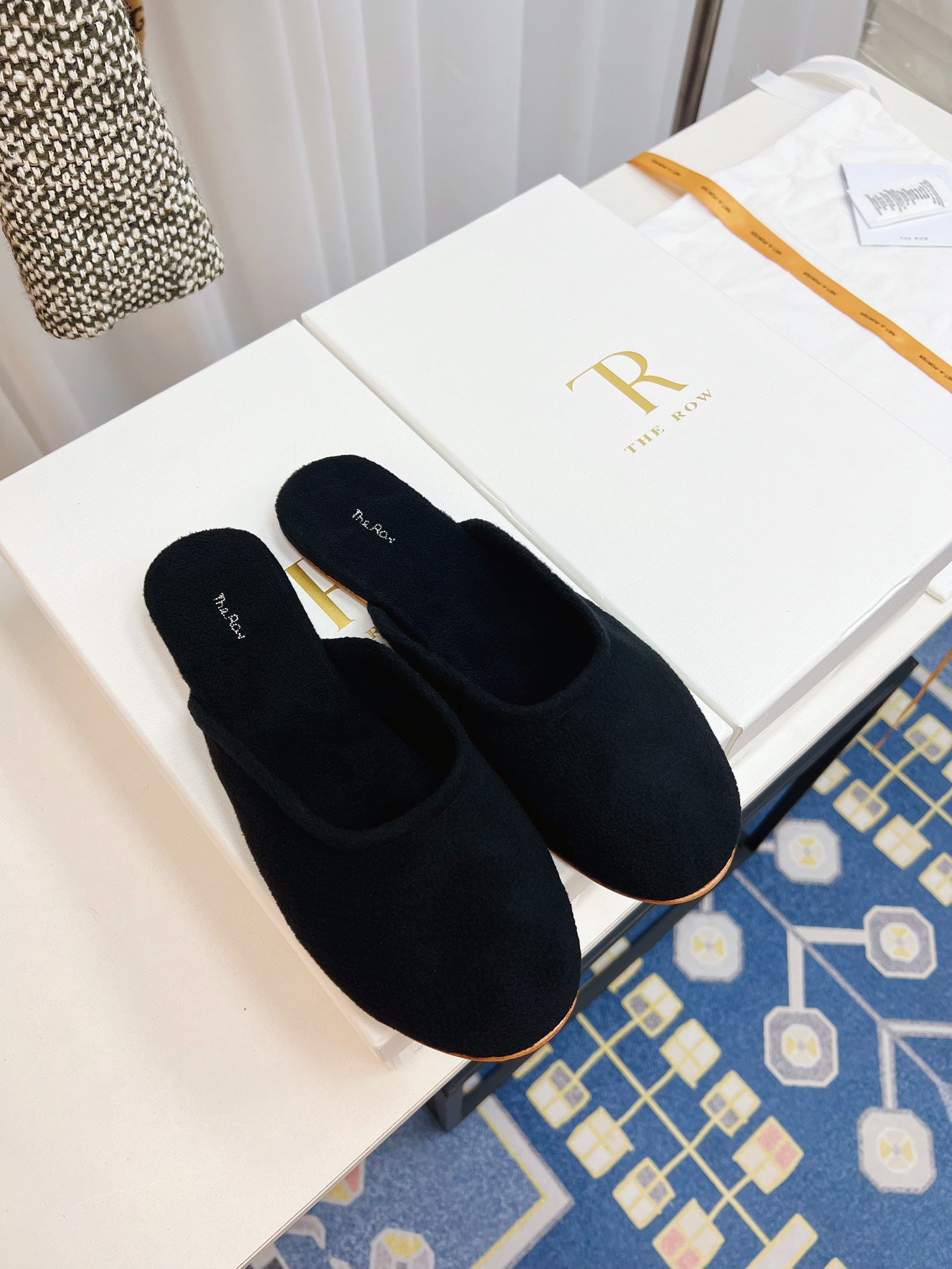 THE ROW 26S ROUND TOE MULES IN NAVY BLUE SUEDE