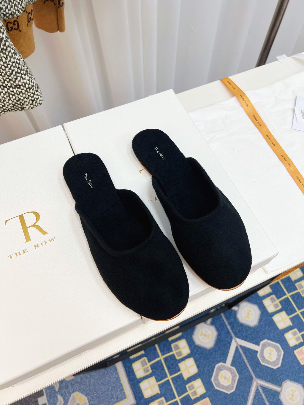 THE ROW 26S ROUND TOE MULES IN NAVY BLUE SUEDE