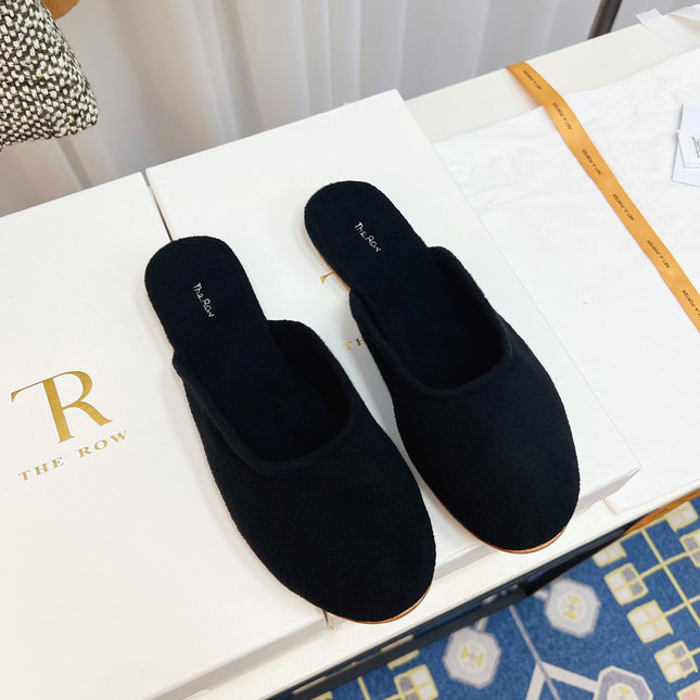 THE ROW 26S ROUND TOE MULES IN NAVY BLUE SUEDE