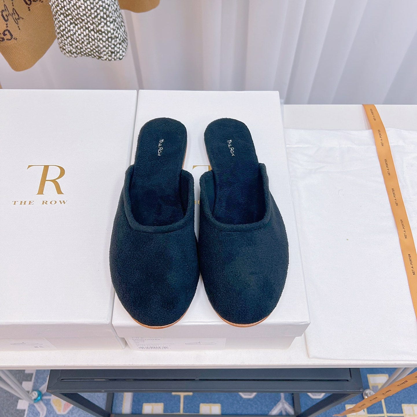 THE ROW 26S ROUND TOE MULES IN NAVY BLUE SUEDE