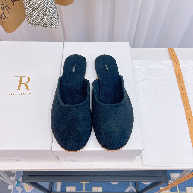 THE ROW 26S ROUND TOE MULES IN NAVY BLUE SUEDE
