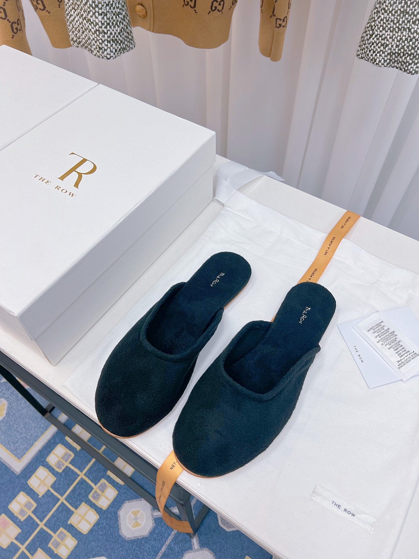 THE ROW 26S ROUND TOE MULES IN NAVY BLUE SUEDE
