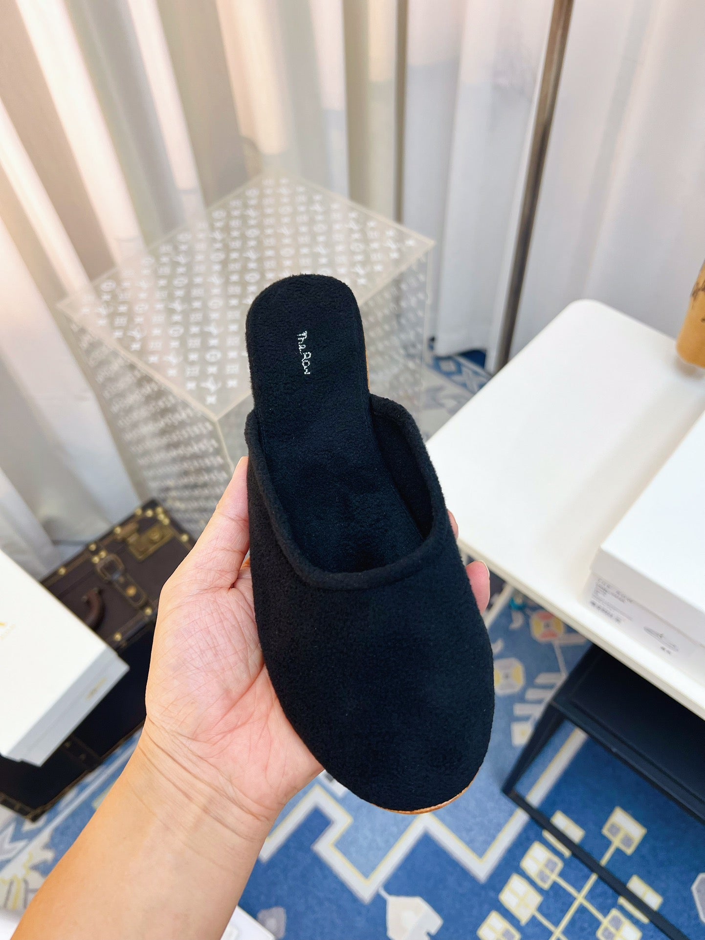 THE ROW 26S ROUND TOE MULES IN NAVY BLUE SUEDE