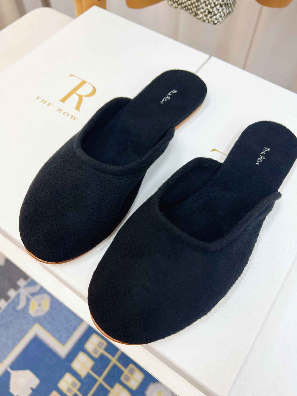 THE ROW 26S ROUND TOE MULES IN NAVY BLUE SUEDE