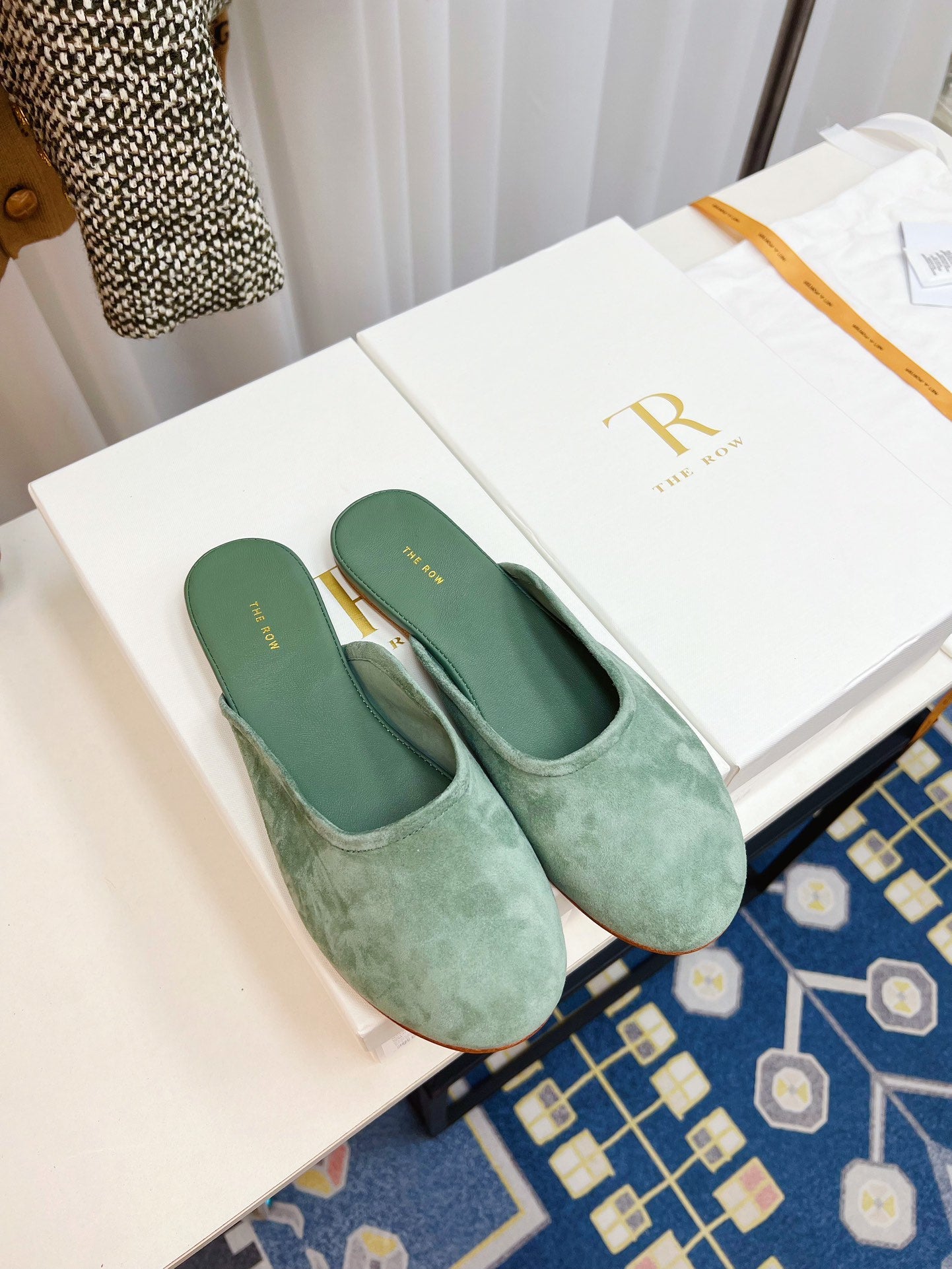 THE ROW 26S ROUND TOE MULES IN SAGE GREEN SUEDE