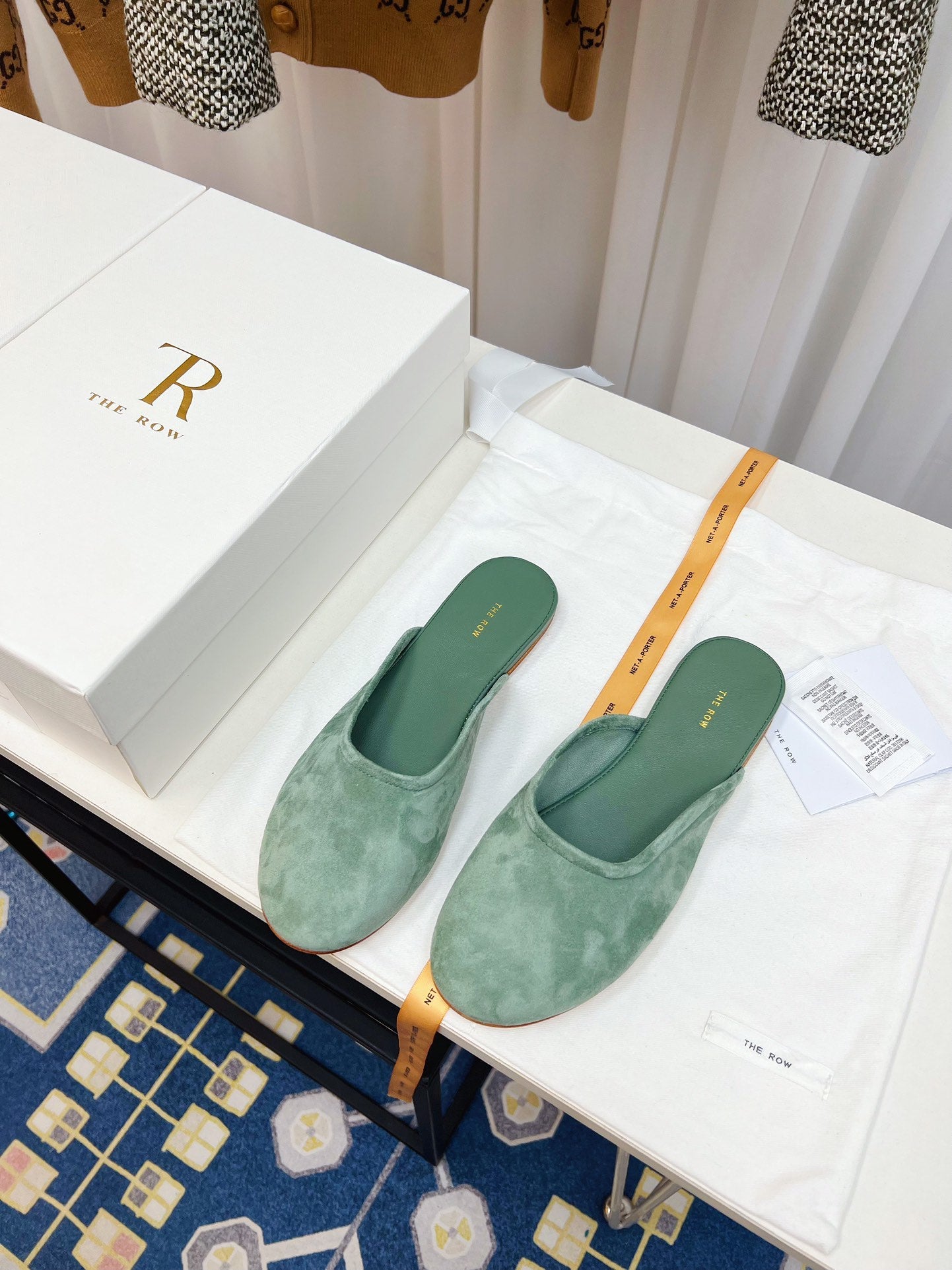 THE ROW 26S ROUND TOE MULES IN SAGE GREEN SUEDE