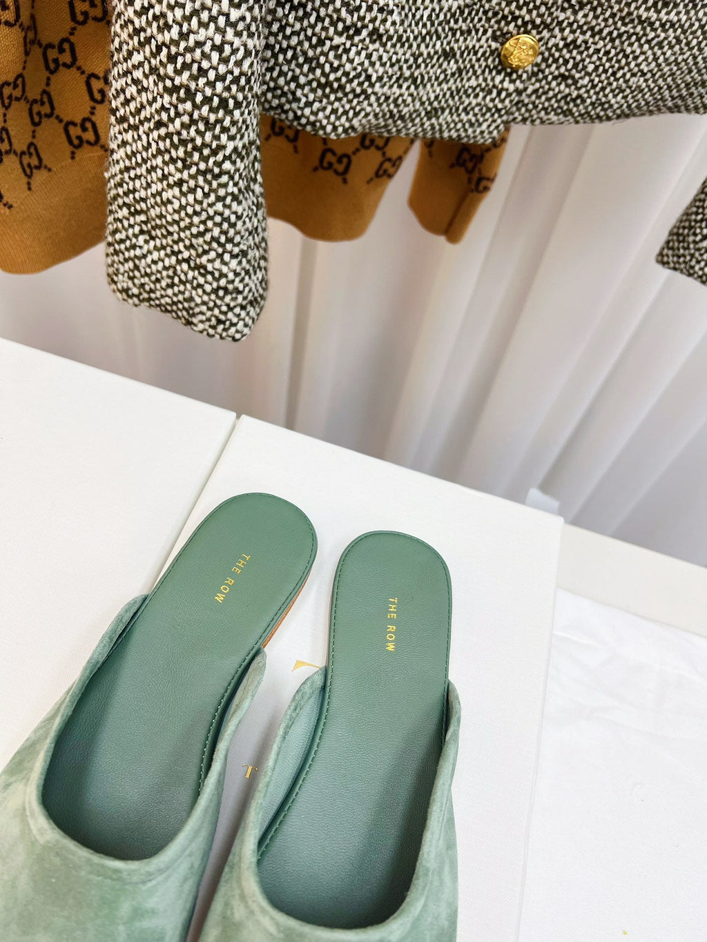 THE ROW 26S ROUND TOE MULES IN SAGE GREEN SUEDE