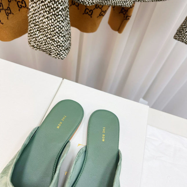 THE ROW 26S ROUND TOE MULES IN SAGE GREEN SUEDE