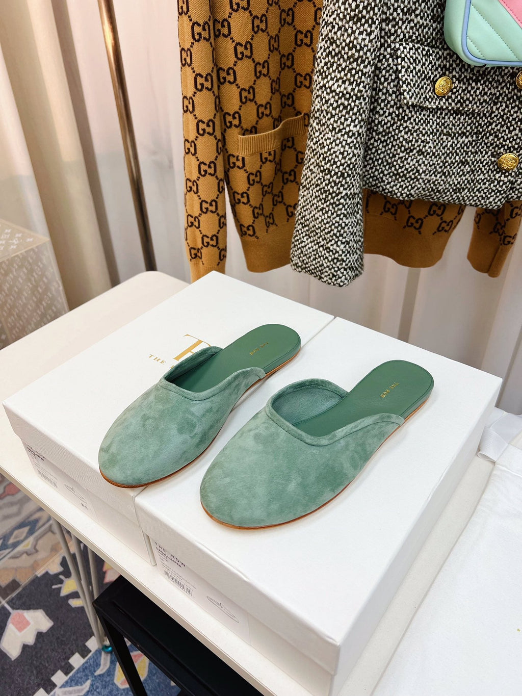 THE ROW 26S ROUND TOE MULES IN SAGE GREEN SUEDE