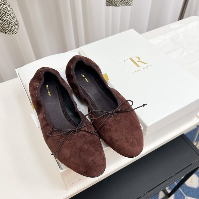 THE ROW 26S BALLET FLATS IN DARK BROWN SUEDE ELASTIC TRIM WITH BOW