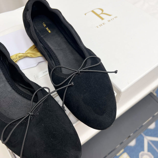 THE ROW 26S BALLET FLATS IN BLACK SUEDE ELASTIC TRIM WITH BOW