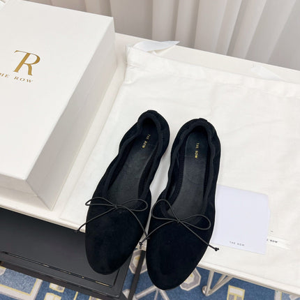 THE ROW 26S BALLET FLATS IN BLACK SUEDE ELASTIC TRIM WITH BOW
