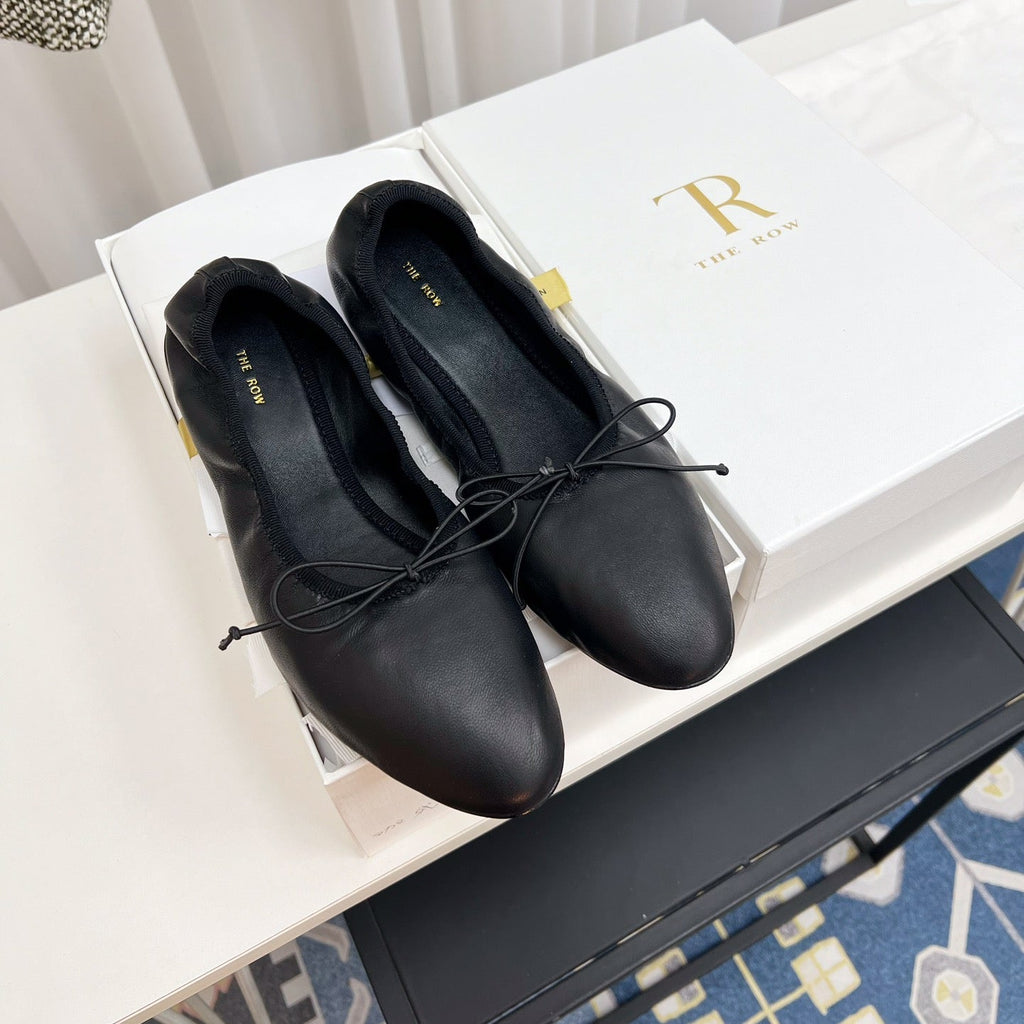 THE ROW 26S BALLET FLATS IN BLACK CALFSKIN ELASTIC TRIM WITH BOW