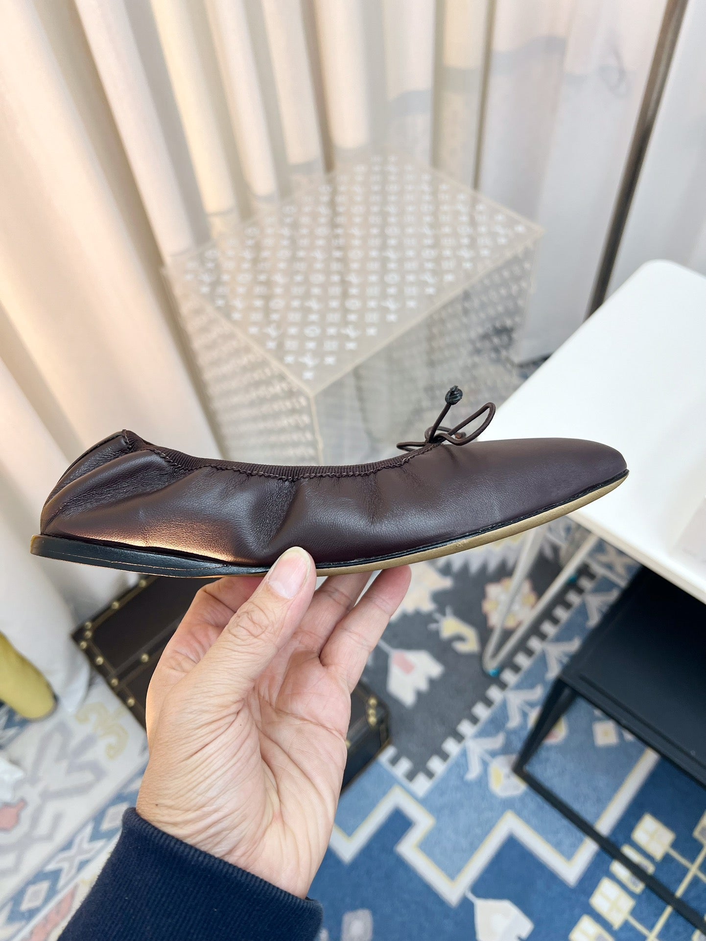 THE ROW 26S BALLET FLATS IN DARK BROWN CALFSKIN ELASTIC TRIM WITH BOW