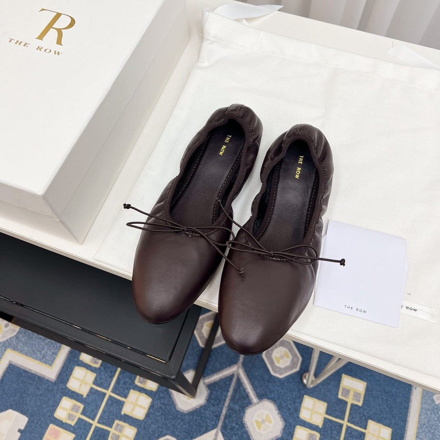 THE ROW 26S BALLET FLATS IN DARK BROWN CALFSKIN ELASTIC TRIM WITH BOW
