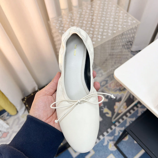 THE ROW 26S BALLET FLATS IN IVORY WHITE CALFSKIN ELASTIC TRIM WITH BOW
