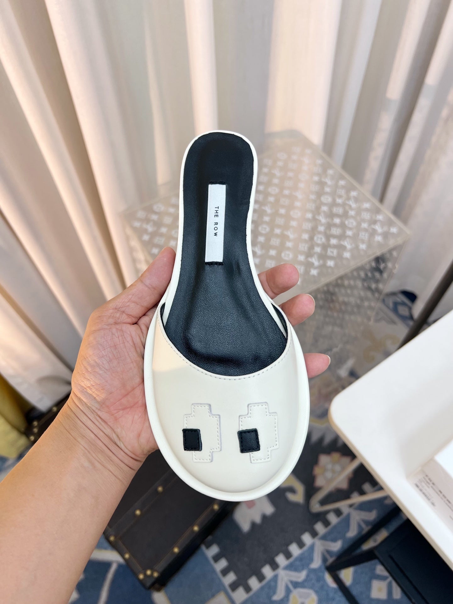 THE ROW 26S PIXEL APPLIQUE MULES IN IVORY WHITE CALFSKIN