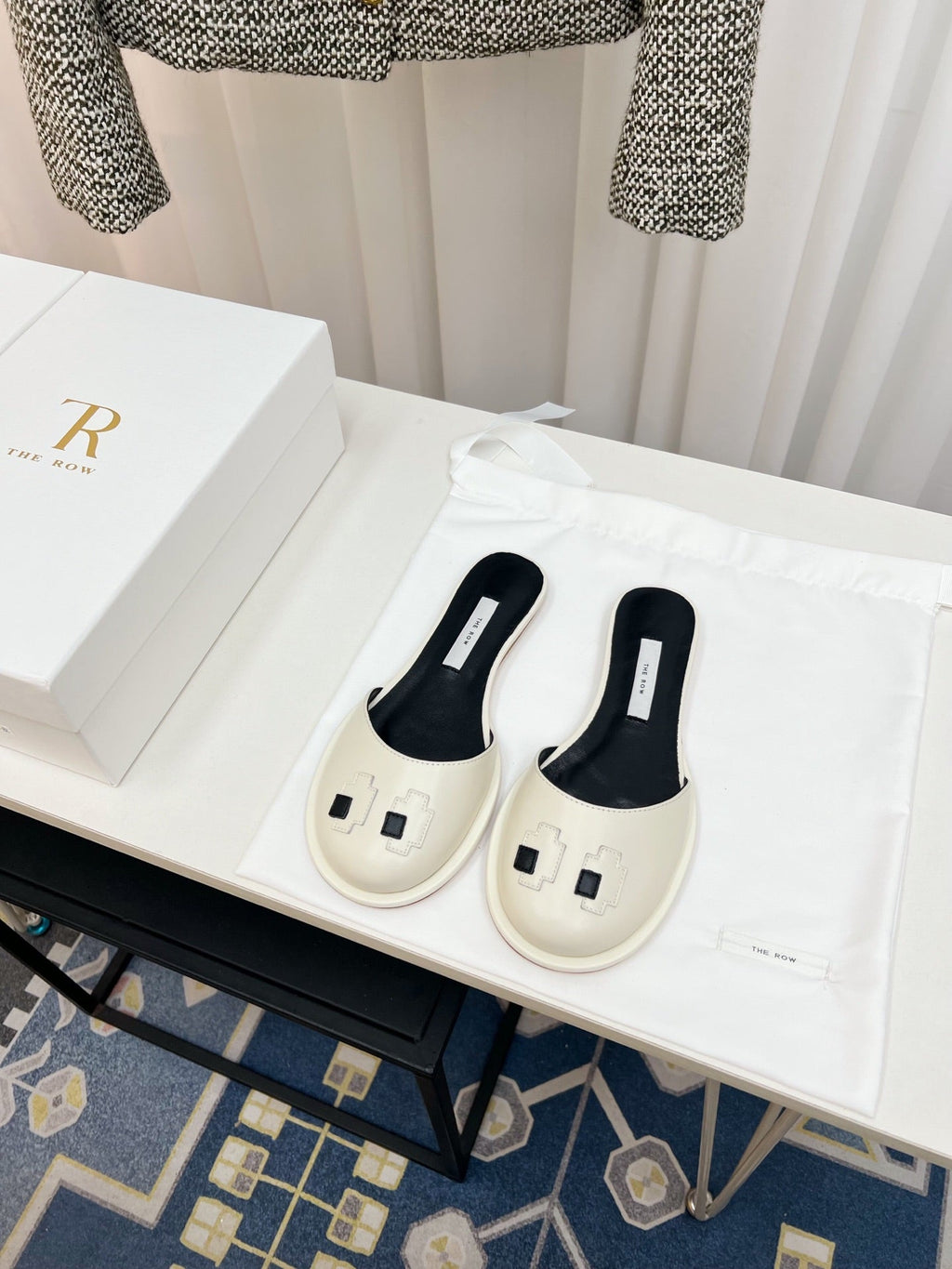 THE ROW 26S PIXEL APPLIQUE MULES IN IVORY WHITE CALFSKIN