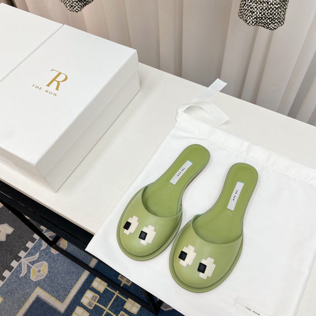THE ROW 26S PIXEL APPLIQUE MULES IN PISTACHIO GREEN CALFSKIN