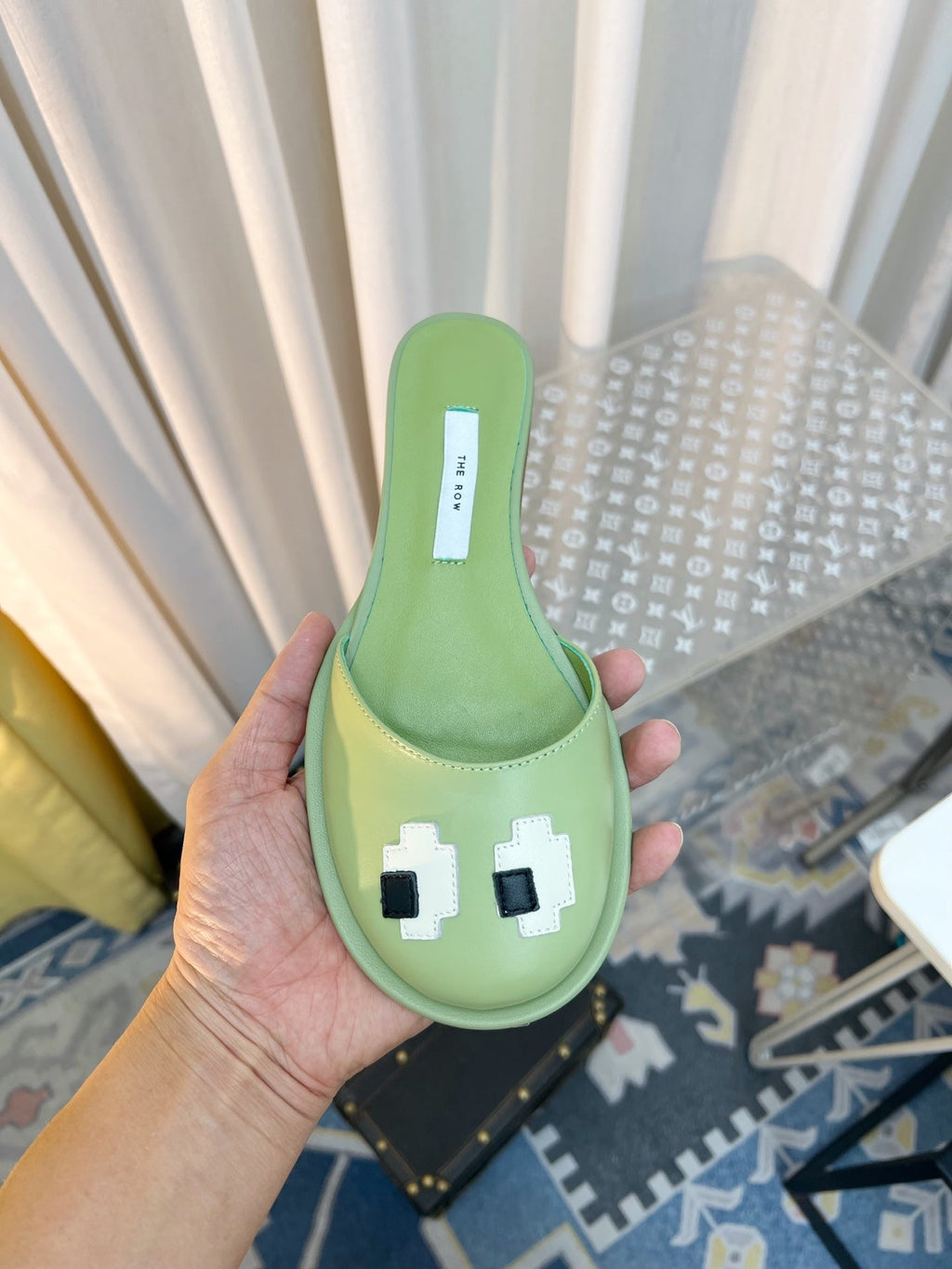 THE ROW 26S PIXEL APPLIQUE MULES IN PISTACHIO GREEN CALFSKIN