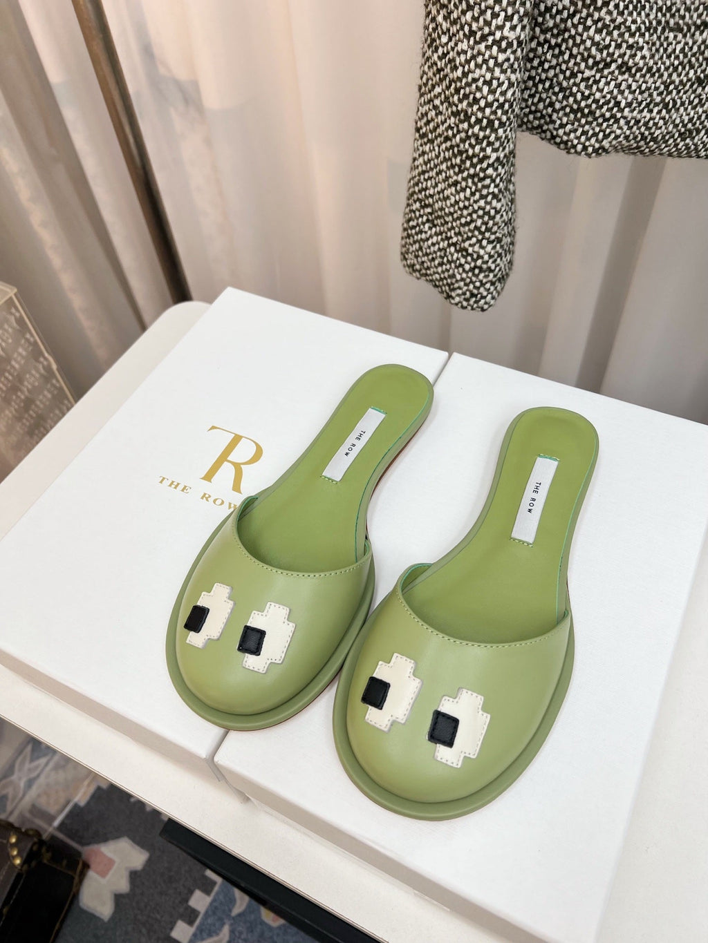 THE ROW 26S PIXEL APPLIQUE MULES IN PISTACHIO GREEN CALFSKIN