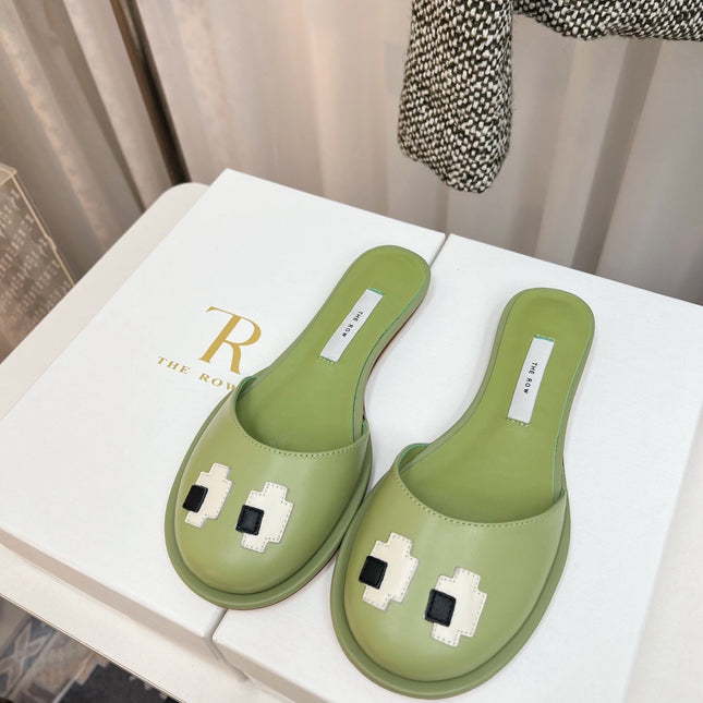 THE ROW 26S PIXEL APPLIQUE MULES IN PISTACHIO GREEN CALFSKIN
