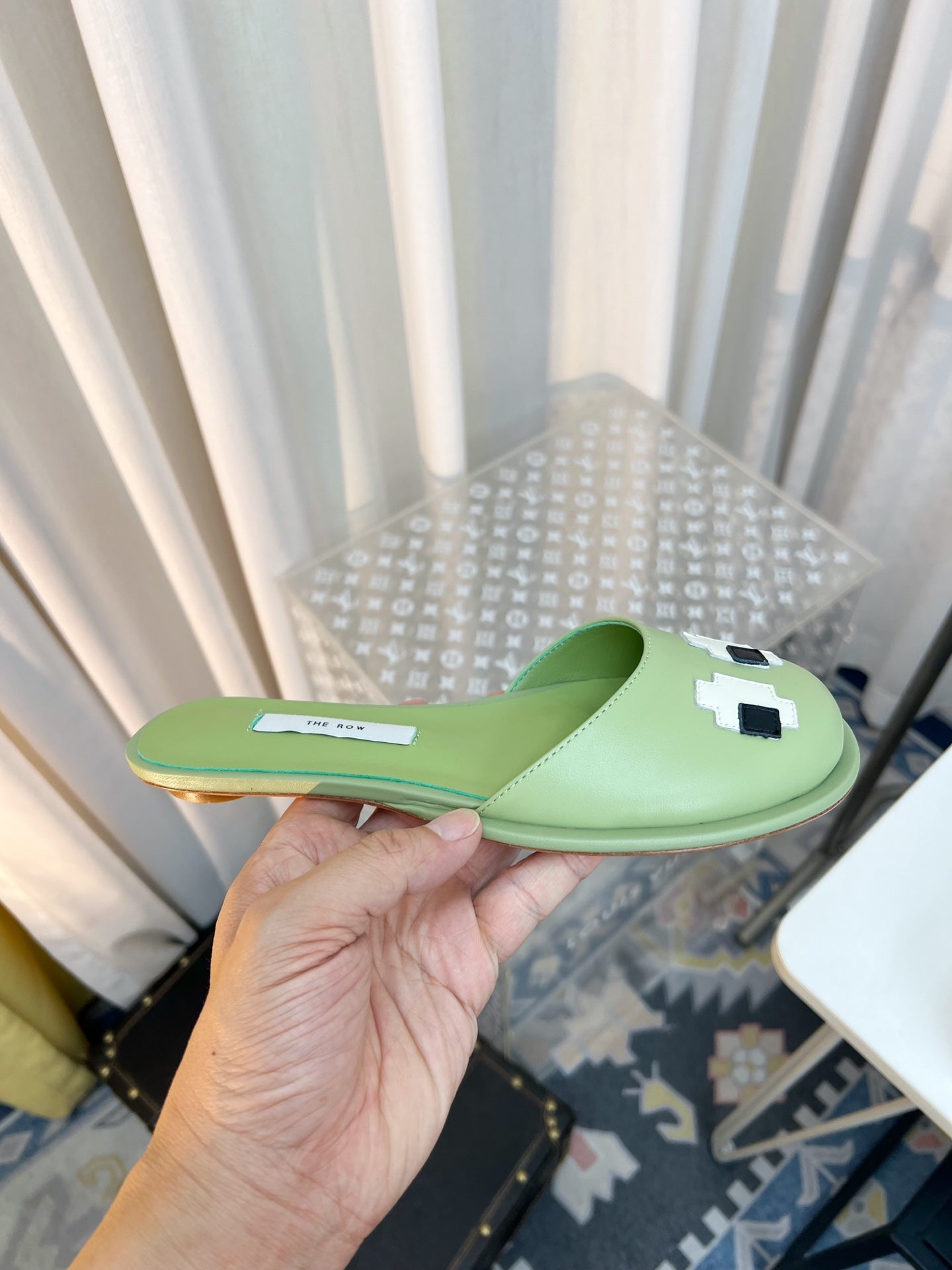 THE ROW 26S PIXEL APPLIQUE MULES IN PISTACHIO GREEN CALFSKIN