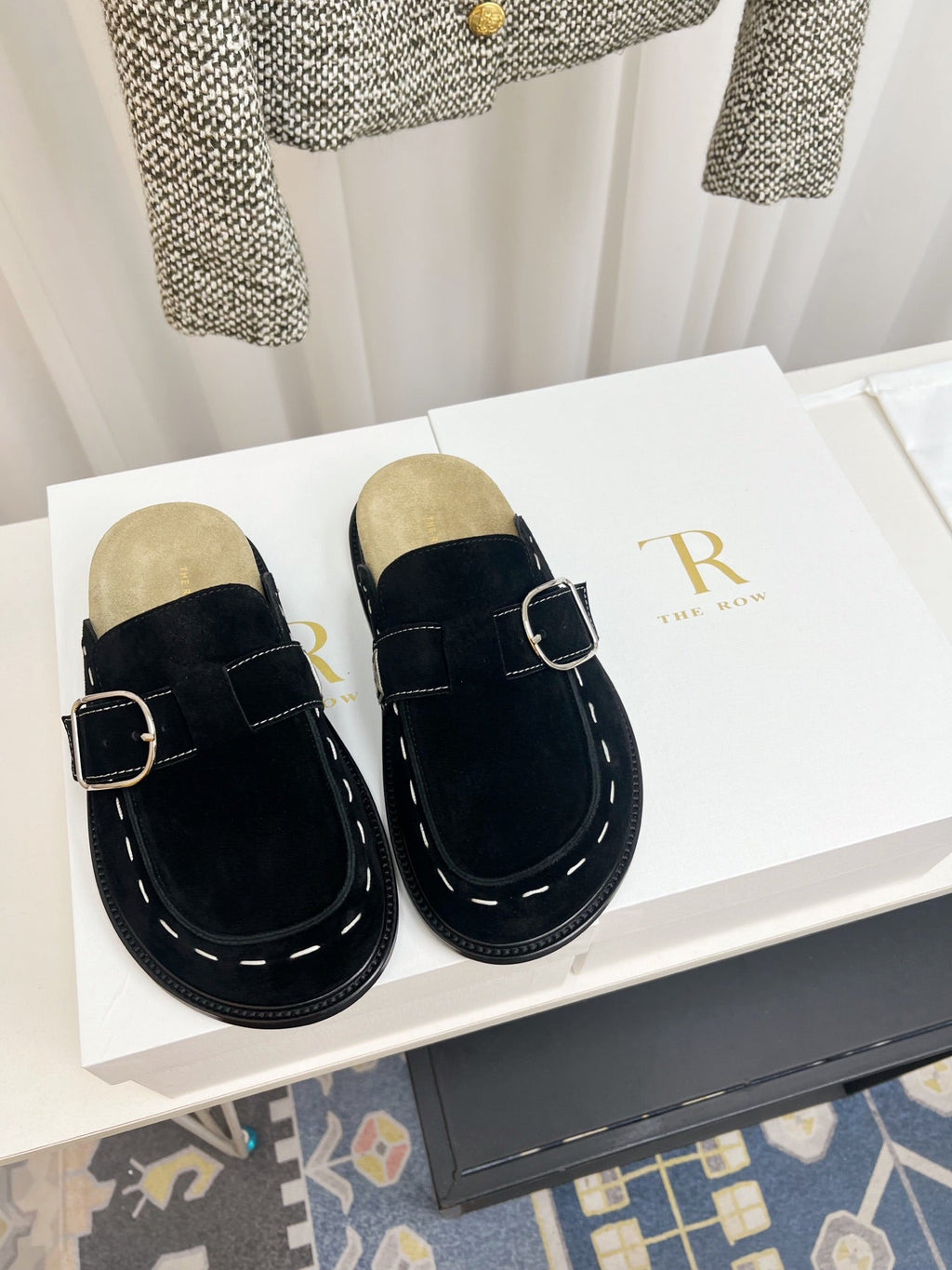 THE ROW 26S BUCKLED MULE CLOGS IN BLACK SUEDE