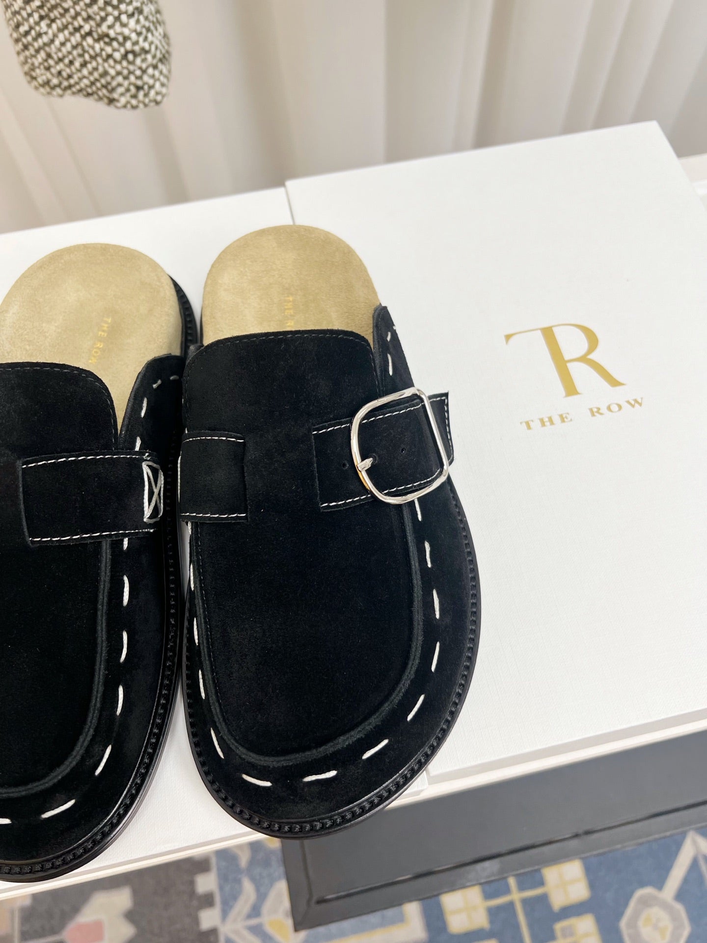 THE ROW 26S BUCKLED MULE CLOGS IN BLACK SUEDE