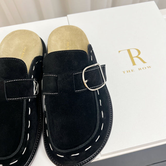 THE ROW 26S BUCKLED MULE CLOGS IN BLACK SUEDE