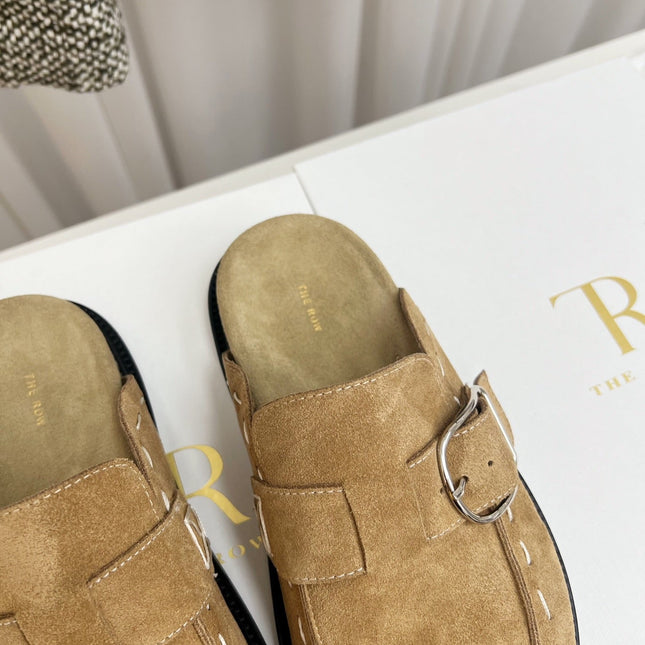 THE ROW 26S BUCKLED MULE CLOGS IN LIGHT BROWN SUEDE